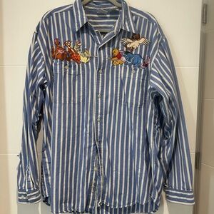 Blue Striped Men's Shirt with Embroidered Design